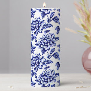 Blue and White Dahlia Flowers Toile de Jouy Pillar Candle