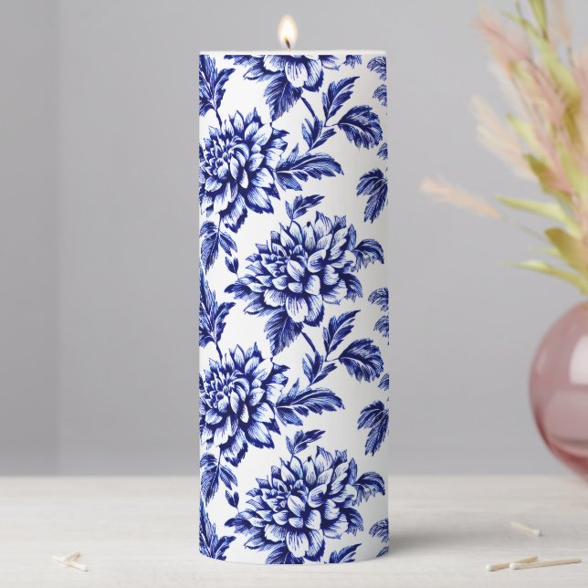 Blue and White Dahlia Flowers Toile de Jouy Pillar Candle (In Situ)
