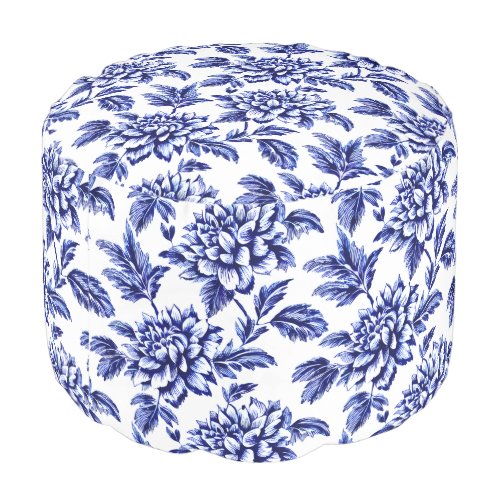 Blue and White Dahlia Flowers Toile de Jouy Pouf