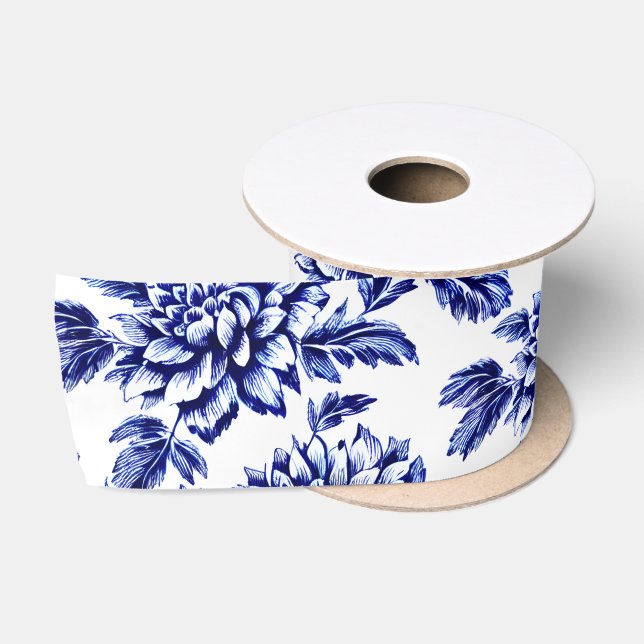 Blue and White Dahlia Flowers Toile de Jouy Satin Ribbon (Spool)