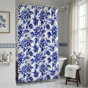 Blue and White Dahlia Flowers Toile de Jouy Shower Curtain