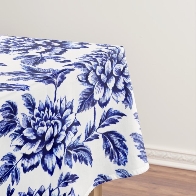 Blue and White Dahlia Flowers Toile de Jouy Tablecloth (In Situ)