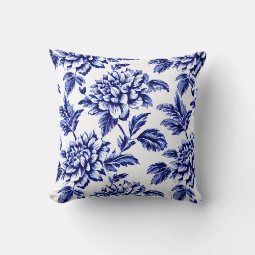 Blue and White Dahlia Flowers Toile de Jouy Throw Pillow