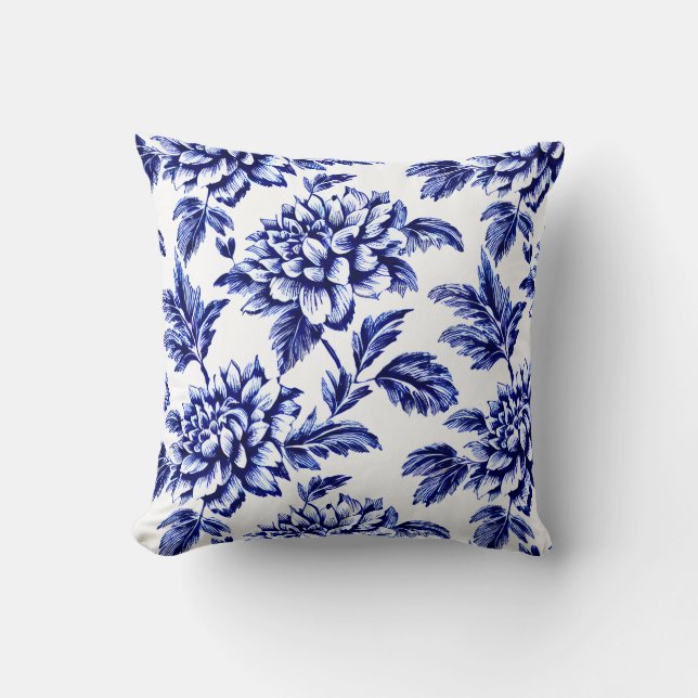 Blue and White Dahlia Flowers Toile de Jouy Throw Pillow (Front)