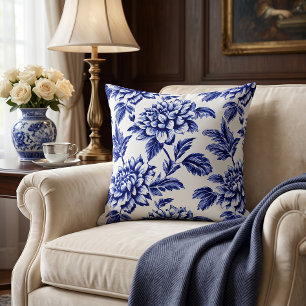 Blue and White Dahlia Flowers Toile de Jouy Throw Pillow