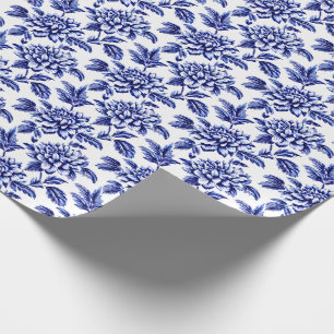 Blue and White Dahlia Flowers Toile de Jouy Wrapping Paper