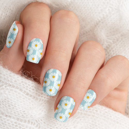 Blue And White Daisy Floral Pattern Minx Nail Art