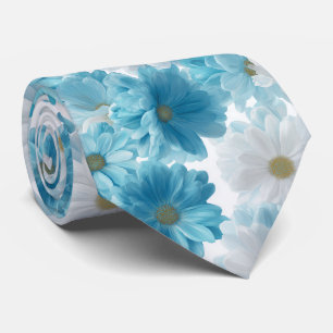 Blue and White Daisy Floral Pattern Neck Tie