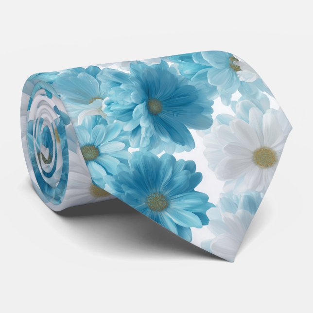 Blue and White Daisy Floral Pattern Neck Tie (Rolled)