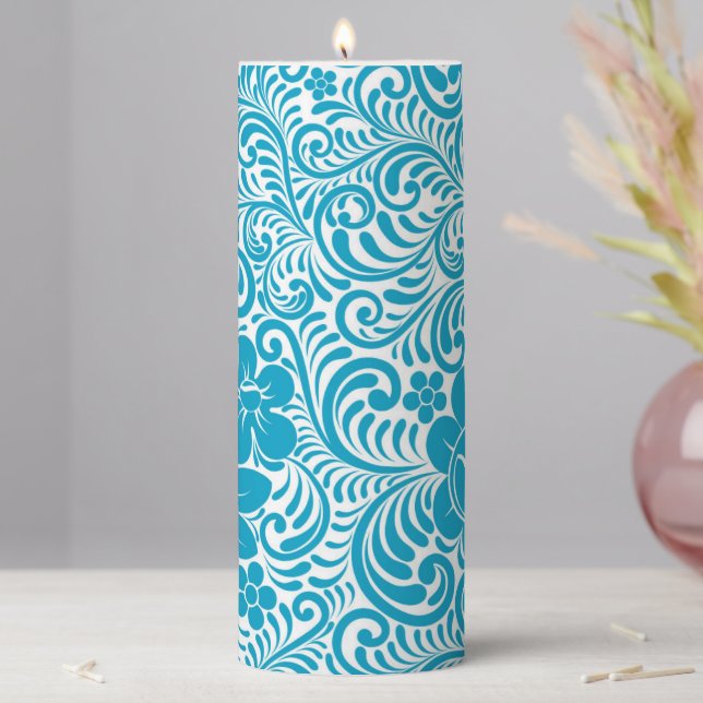 Blue and White Daisy Illustrated Floral Pattern Pillar Candle (In Situ)