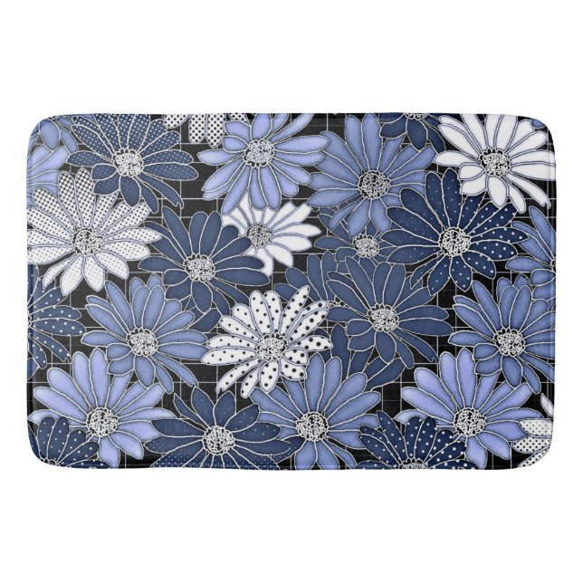 Blue and white daisy pattern bath mat (Front)
