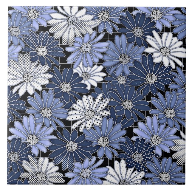 Blue and White Daisy Pattern Ceramic Tile (Front)