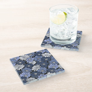 Blue and White Daisy Pattern Glass Coaster