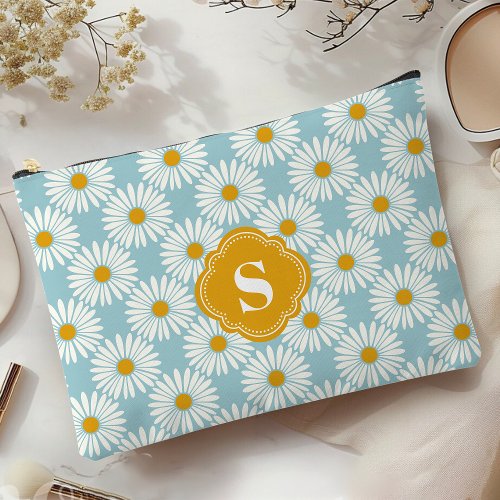 Blue And White Daisy Pattern Monogrammed  Accessory Pouch
