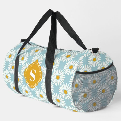 Blue And White Daisy Pattern Monogrammed Duffle Bag