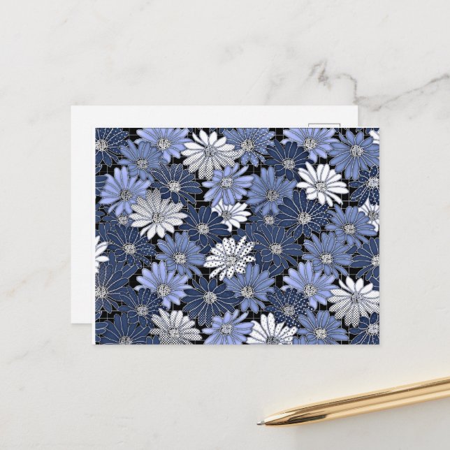 Blue and white daisy pattern postcard (Front/Back In Situ)