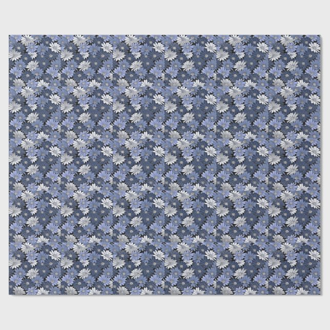 Blue and white daisy pattern wrapping paper (Flat)
