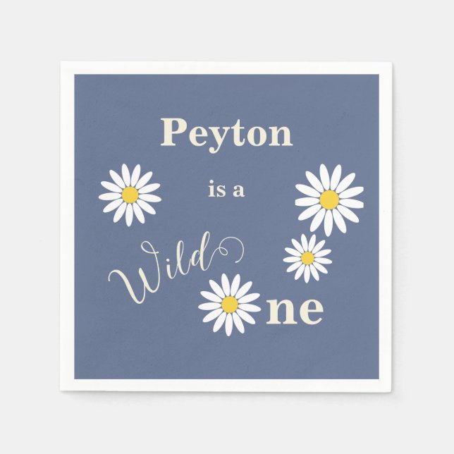 Blue and White Daisy Wild One First Birthday Napkins (Front)