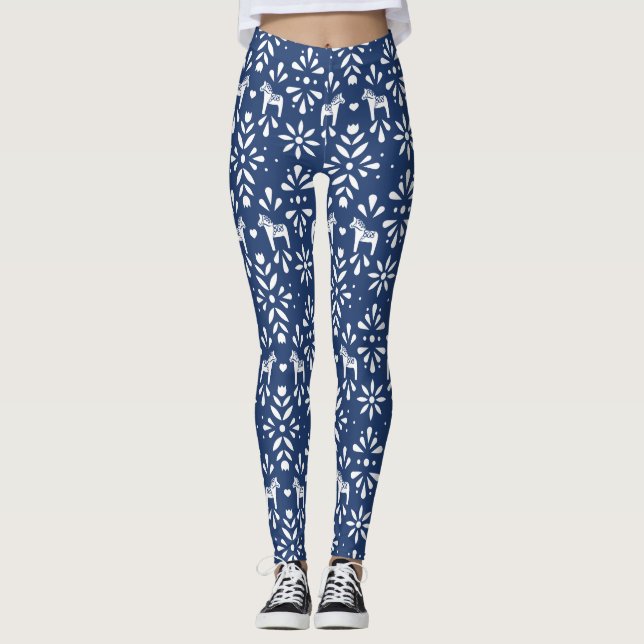 Blue and White Dala Horse Folk Art Pattern Leggings (Front)