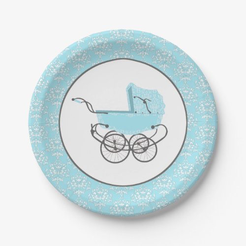 Blue and White Damask Baby Shower Paper Plate