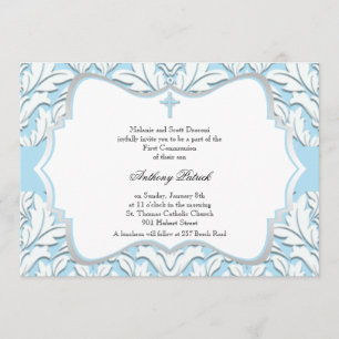 Blue and White Damask Communion Invitation