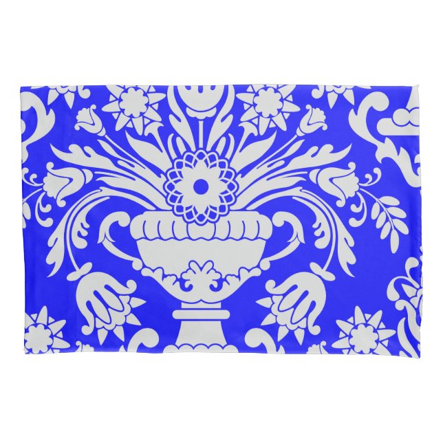 Blue and White Damask Floral Elegant  Pillow Case (Front)