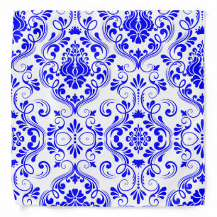 Blue and White Damask Floral Pattern Elegant Bandana