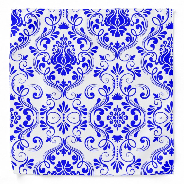 Blue and White Damask Floral Pattern Elegant  Bandana (Front)