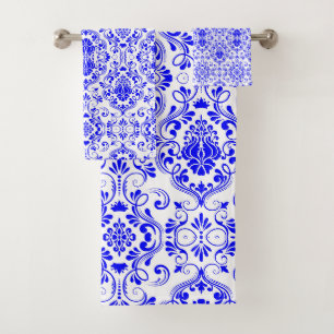 Blue and White Damask Floral Pattern Elegant Bath Towel Set