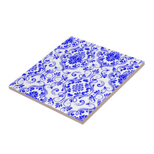 Blue and White Damask Floral Pattern Elegant Ceramic Tile