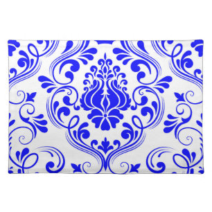 Blue and White Damask Floral Pattern Elegant Cloth Placemat