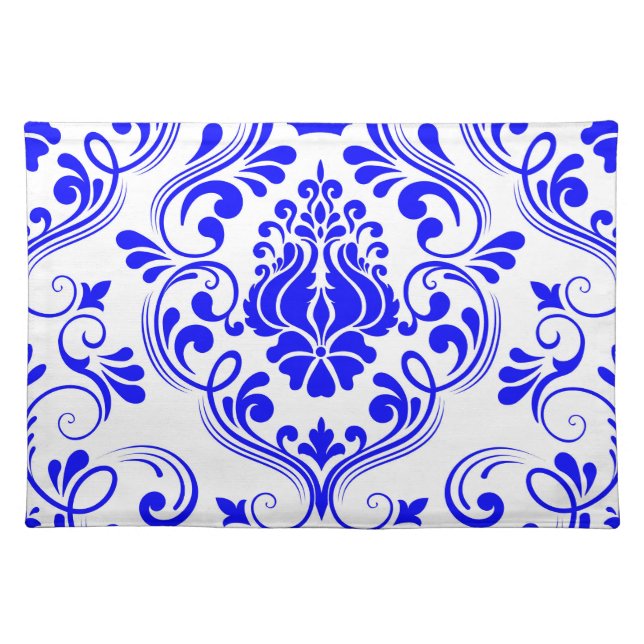 Blue and White Damask Floral Pattern Elegant  Cloth Placemat (Front)