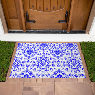 Blue and White Damask Floral Pattern Elegant  Doormat