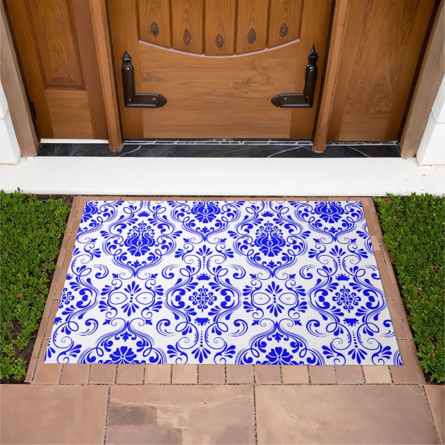 Blue and White Damask Floral Pattern Elegant  Doormat (Outdoor)