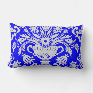 Blue and White Damask Floral Pattern Elegant Lumbar Pillow