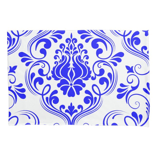 Blue and White Damask Floral Pattern Elegant Pillow Case (Front)