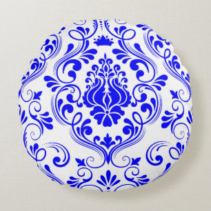 Blue and White Damask Floral Pattern Elegant Round Pillow