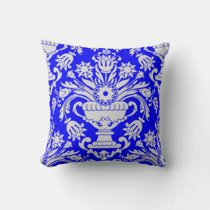 Blue and White Damask Floral Pattern Elegant  Throw Pillow