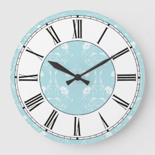 Blue and White Damask Floral Pattern Large Clock