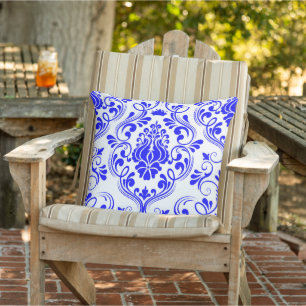 Blue and White Damask Floral Pattern Patio  Outdoor Pillow
