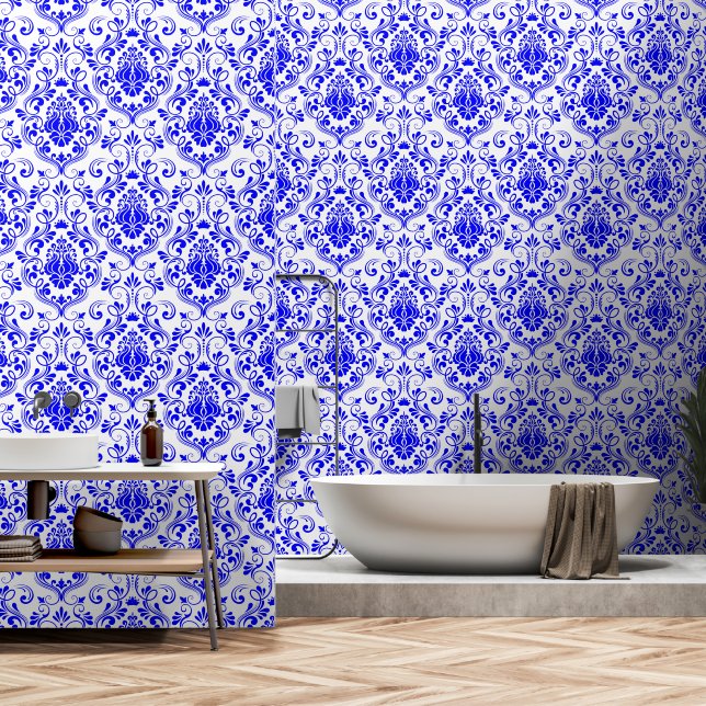 Blue and White Damask Floral peel and stick Wallpaper (Bathroom)