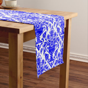 Blue and White Damask Floral  Short Table Runner