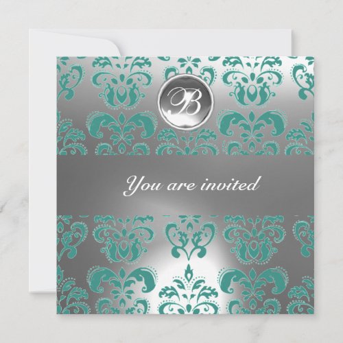 BLUE AND WHITE DAMASK GEM STONE MONOGRAM INVITATION