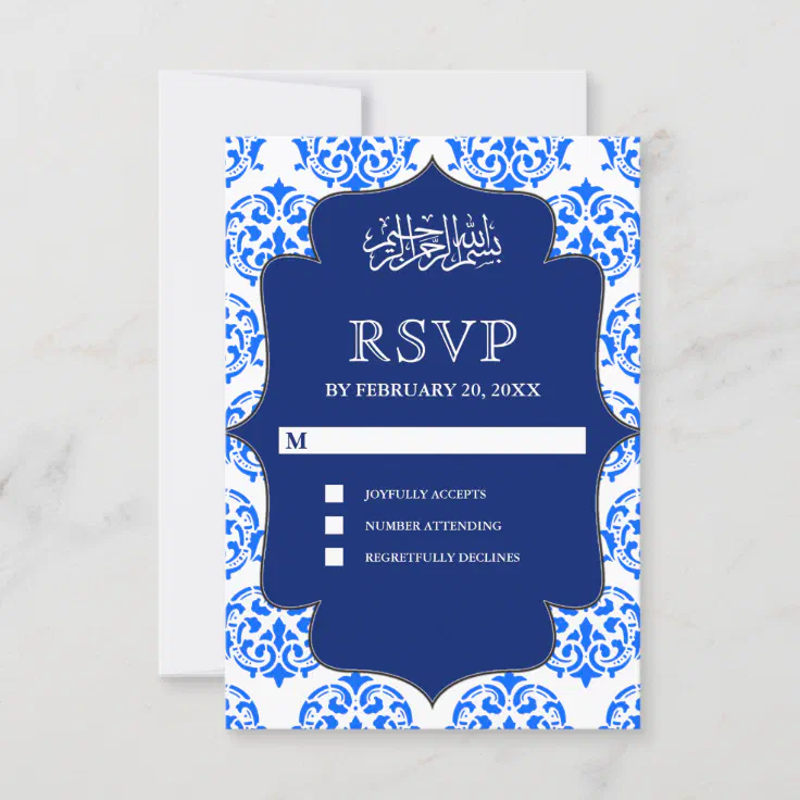 Blue and White Damask Islamic Muslim Wedding RSVP Card | Zazzle