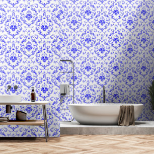 Blue and White damask medieval peel and stick Wallpaper