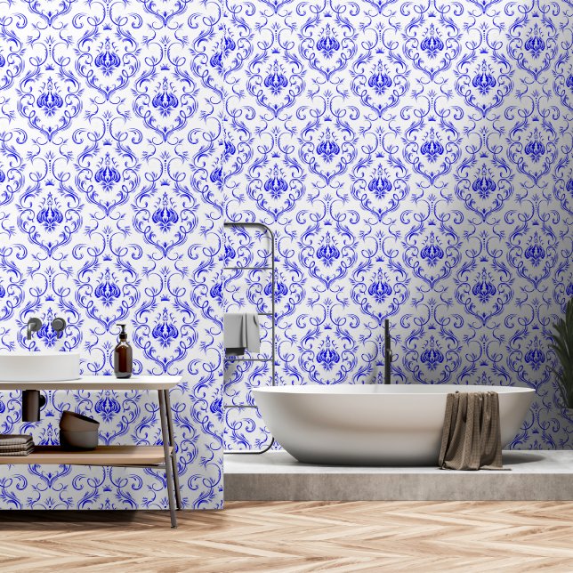 Blue and White damask medieval peel and stick Wallpaper (Bathroom)