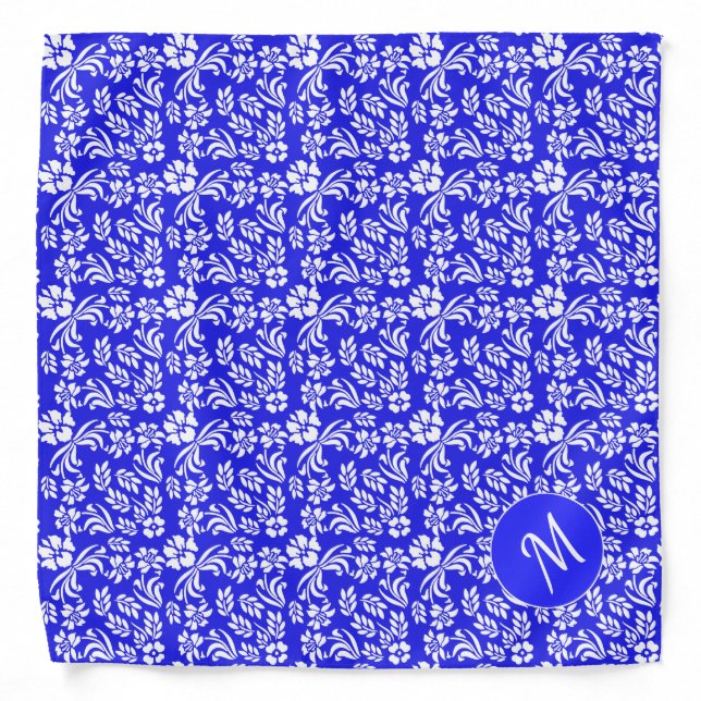 Blue and White Damask Monogrammed Dog Bandana (Front)