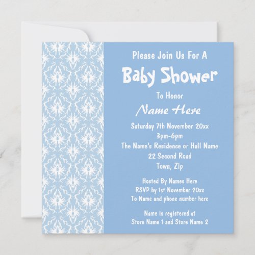 Blue and White Damask Pattern, Custom Baby Shower Invites
