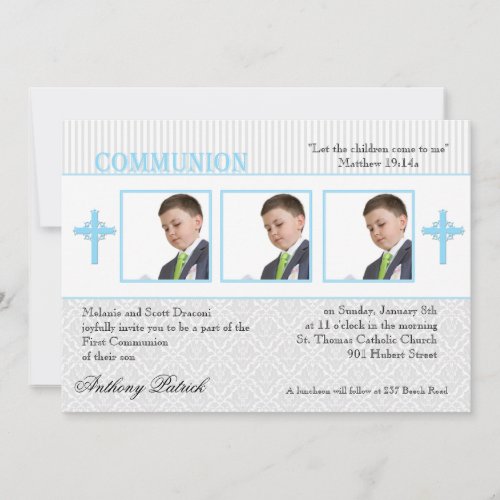 Blue and White Damask Photo Communion Invitation