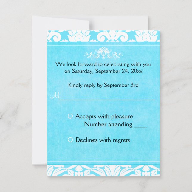 Blue and White Damask Reply Card (Front)